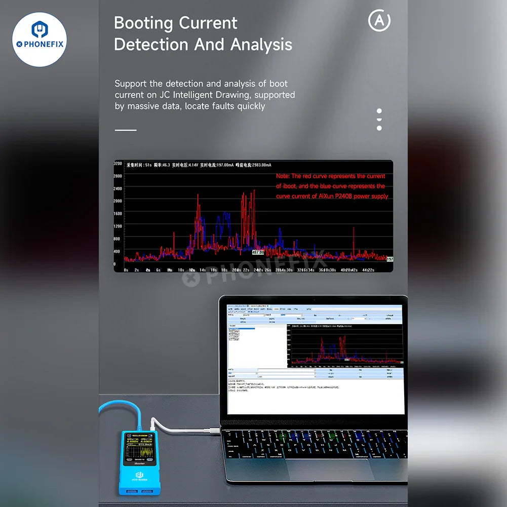 Analizador de corriente PHONEFIX JCID iBooter para iPhone series 7-16, cable de alimentación de CC con función de arranque con un solo botón, utilizado para diagnósticos.