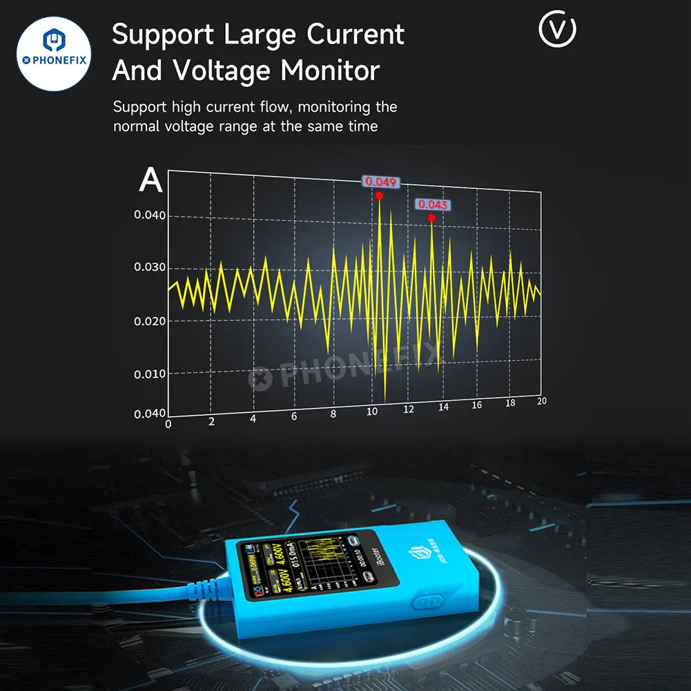 Analizador de corriente PHONEFIX JCID iBooter para iPhone series 7-16, que muestra la conexión del dispositivo con el cable de alimentación de CC para el arranque con un solo botón.