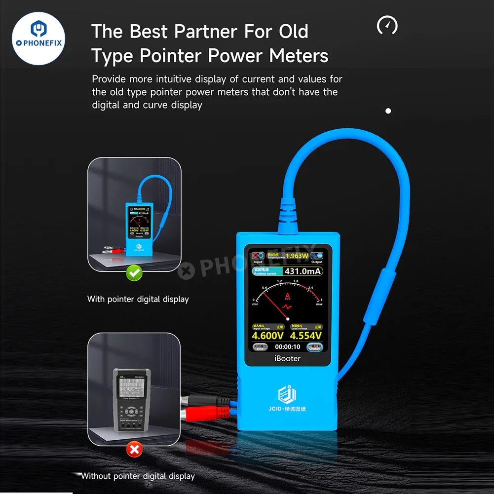 Analizador de corriente PHONEFIX JCID iBooter con arranque mediante un solo botón para las series iPhone 7-16 que utilizan cables de alimentación de CC.