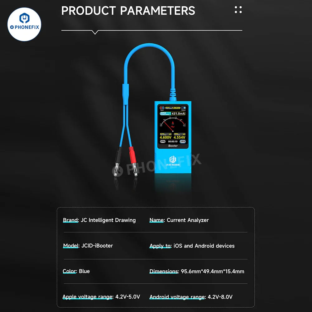Analizador de corriente PHONEFIX JCID iBooter con cable de alimentación de CC para las series iPhone 7-16, con función de arranque con un solo botón.