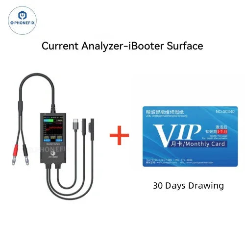 PHONEFIX JC Drawing iBooter Surface Current Analyzer connected to DC power cable for real-time data monitoring and surface current analysis.