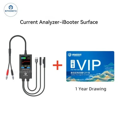 PhoneFix JC Drawing iBooter Surface Current Analyzer connected to DC power cables for real-time data monitoring.