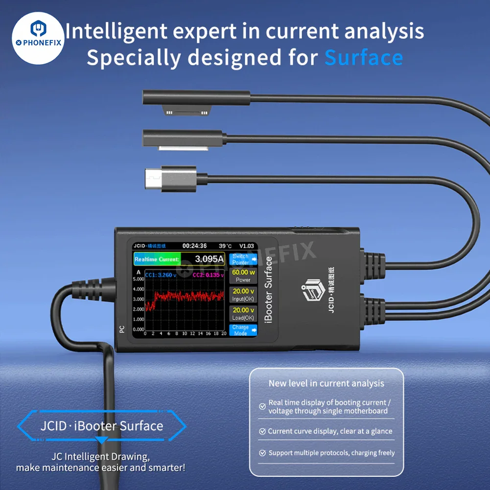 PHONEFIX JC Drawing iBooter surface current analyzer connected to DC power cables, displaying real-time data monitoring on a digital screen.