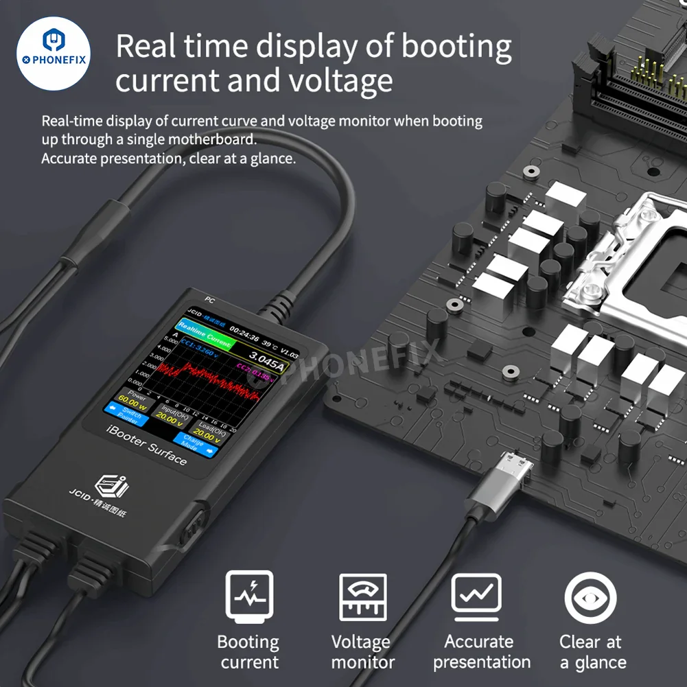 PHONEFIX JC Drawing iBooter Surface Current Analyzer measuring real-time surface current with DC power cables.