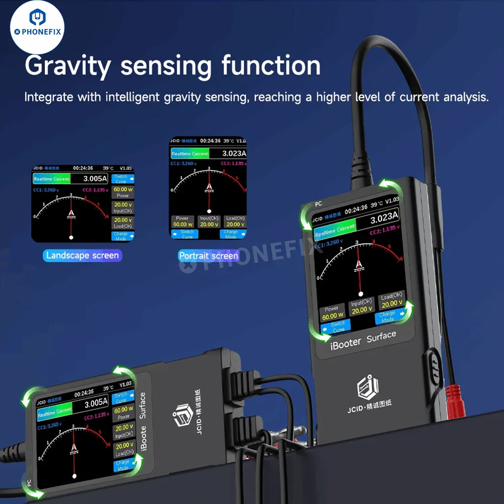PHONEFIX JC Drawing iBooter surface current analyzer connected to DC power cables for real-time data monitoring.