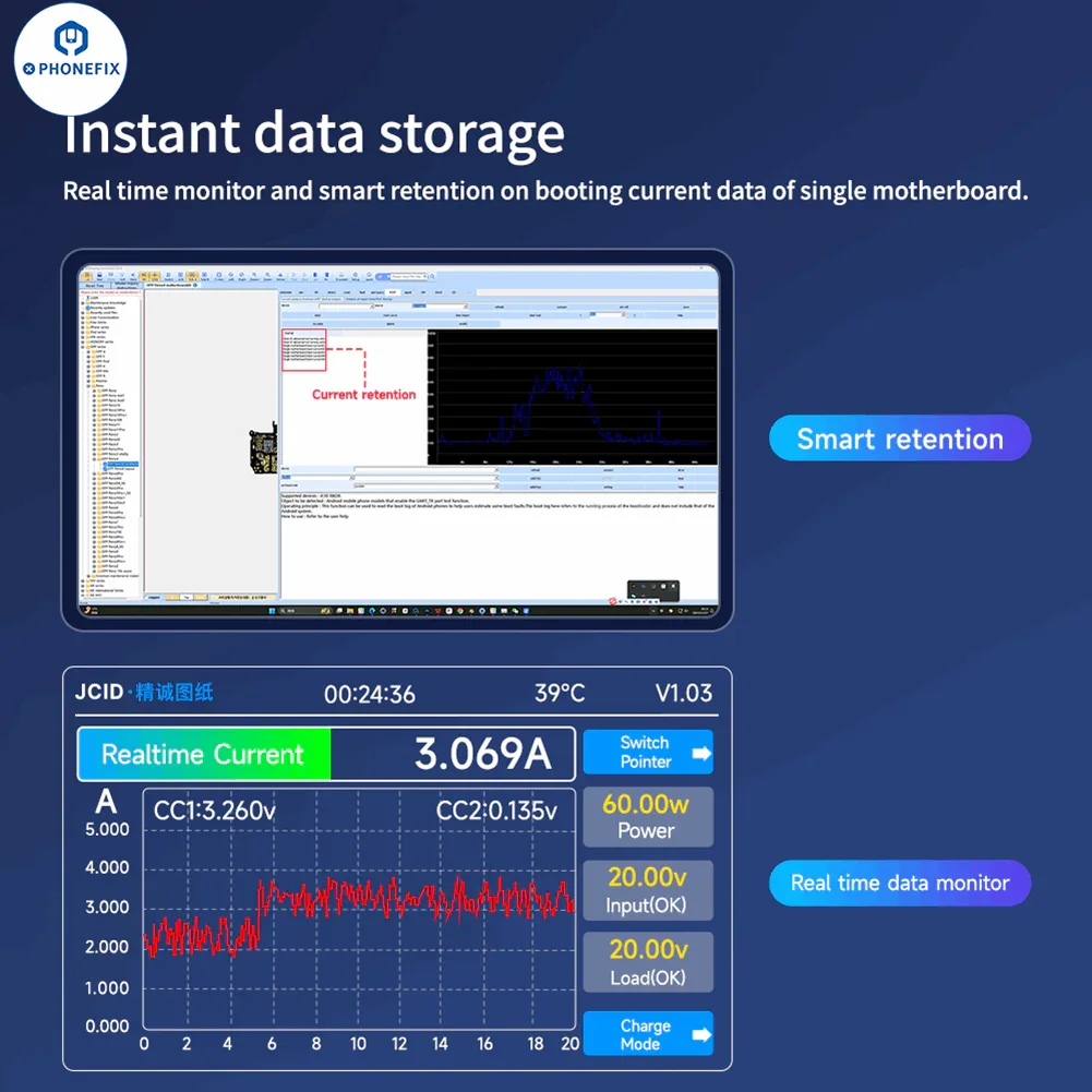 PHONEFIX JC Drawing iBooter surface current analyzer for DC power cables, real-time data monitoring device with detailed display.