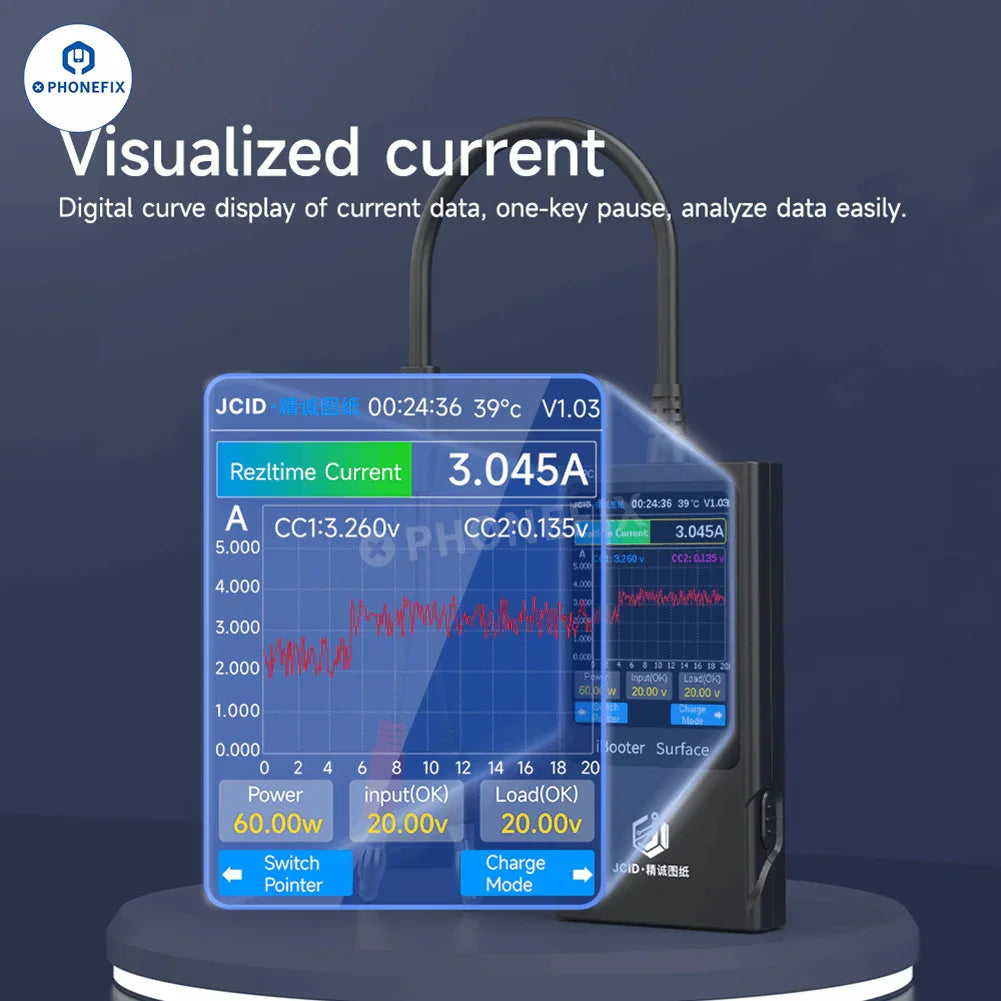 PhoneFix JC Drawing iBooter Surface Current Analyzer connected to DC power cables for real-time current monitoring.