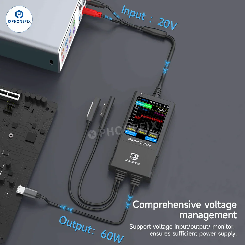 PhoneFix JC Drawing iBooter Surface Current Analyzer connected to DC power cables for real-time data monitoring of surface current.