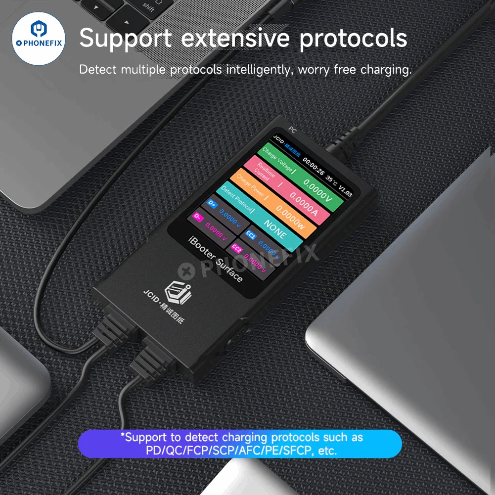 PhoneFix JC Drawing iBooter Surface Current Analyzer for real-time DC power cable data monitoring and analysis.