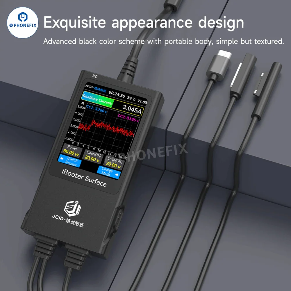 PHONEFIX JC Drawing iBooter Surface Current Analyzer connected to DC power cable for real-time surface current data monitoring.