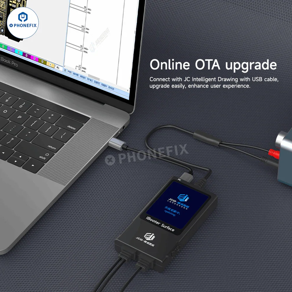 Phonefix JC Drawing iBooter surface current analyzer connected to DC power cables for real-time data monitoring.