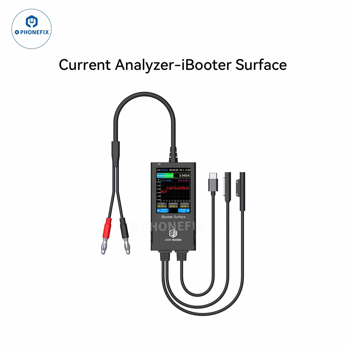 PHONEFIX JC Drawing iBooter Surface Current Analyzer for DC power cables, real-time data monitoring and surface current analysis.
