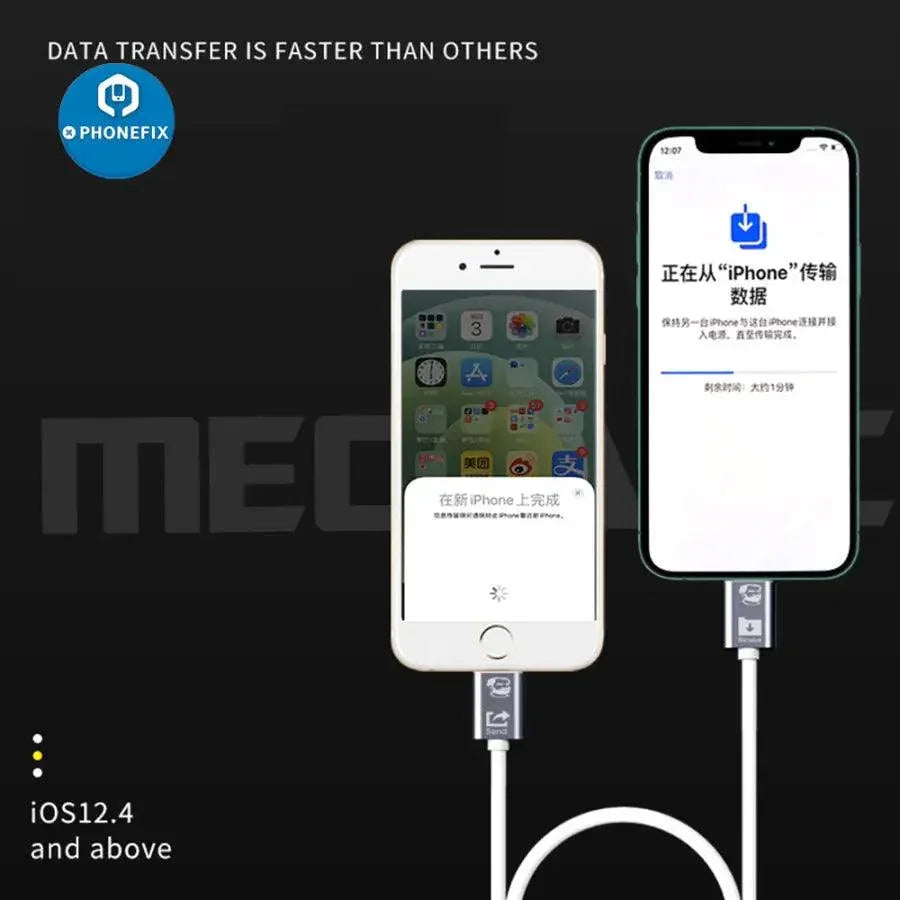 PHONEFIX Type-C to Lightning data transfer cable for iPhone, iPad, and iPod, used for syncing and charging devices.