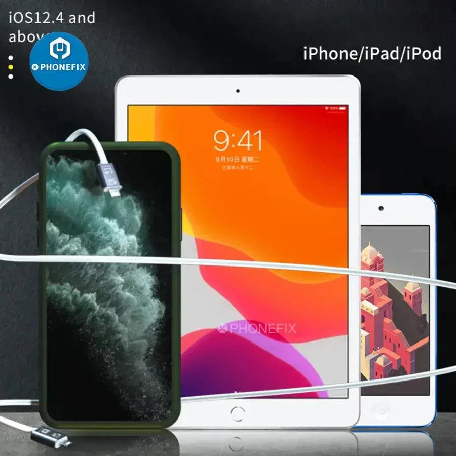 PHONEFIX Type-C to Lightning data transfer cable for iPhone, iPad, and iPod, with a mechanic-style lightning connector.
