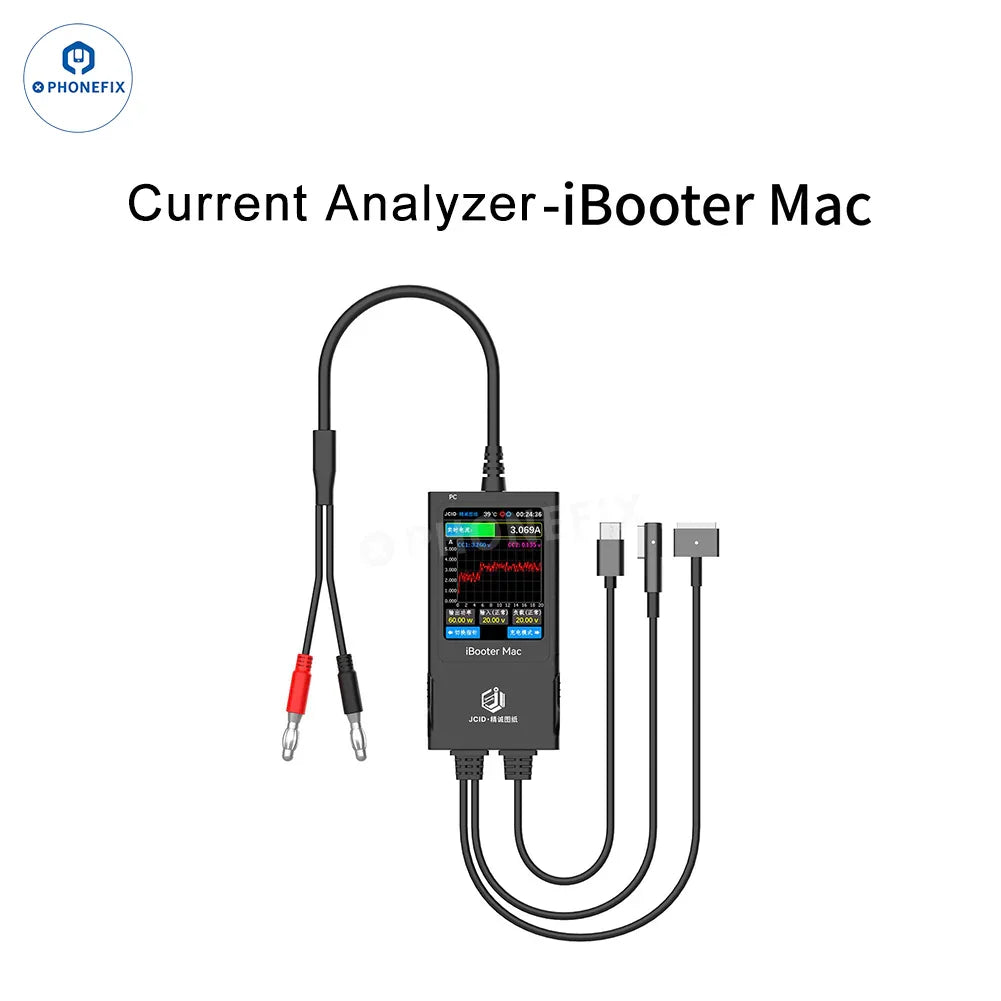 PHONEFIX JCID Drawing iBooter Mac current analyzer connected to MacBook repair DC power cable, showing detailed cable and device interface.