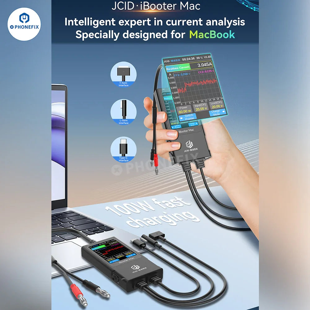 PHONEFIX JCID Drawing iBooter Mac current analyzer connected to MacBook DC power cable for repair diagnostics.