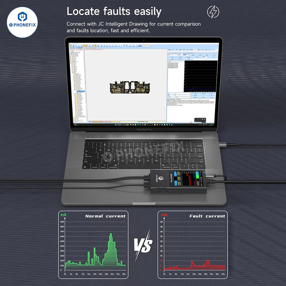 PHONEFIX JCID Drawing iBooter Mac current analyzer for MacBook repair, connected to DC power cable for testing and diagnostics.