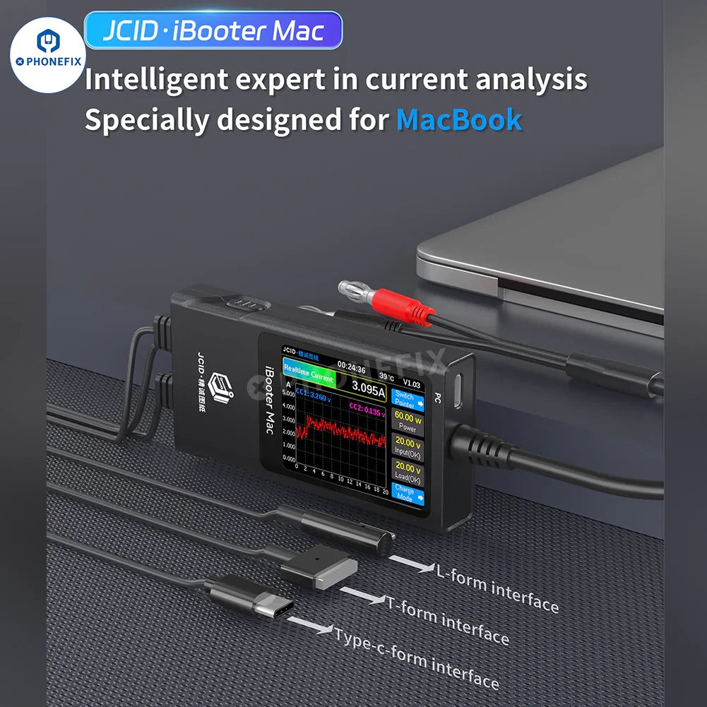 PHONEFIX JCID Drawing iBooter Mac current analyzer with DC power cable for MacBook repair testing and diagnostics.