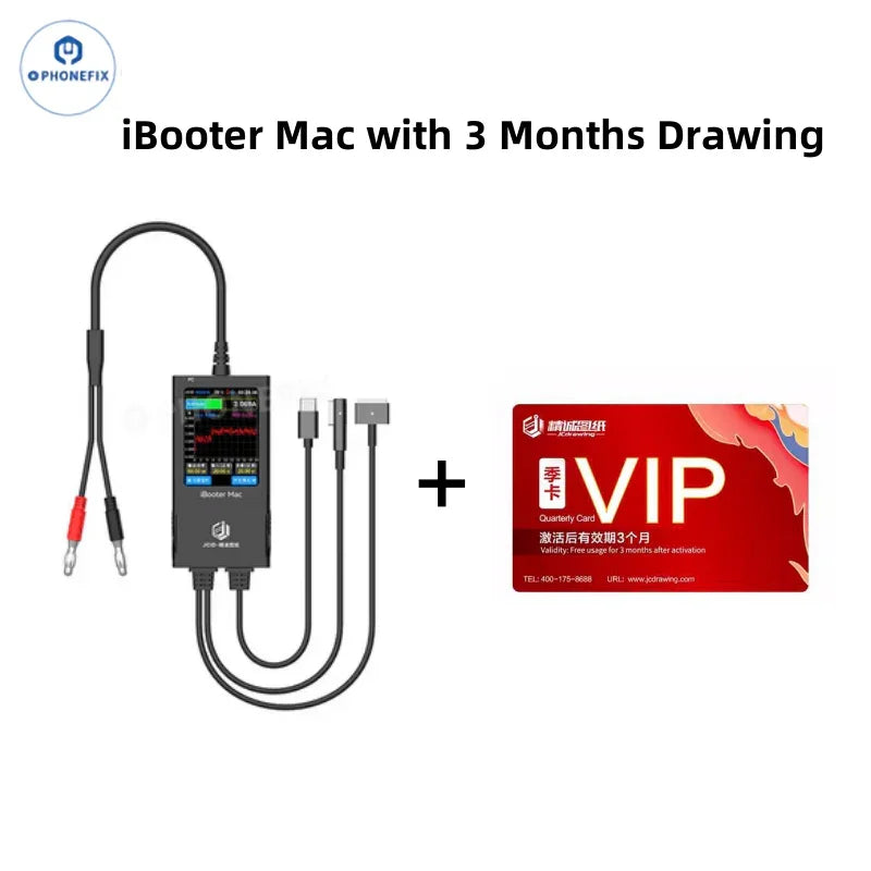 PHONEFIX JCID Drawing iBooter Mac current analyzer for MacBook repair with DC power cables, showing device and cables connected.