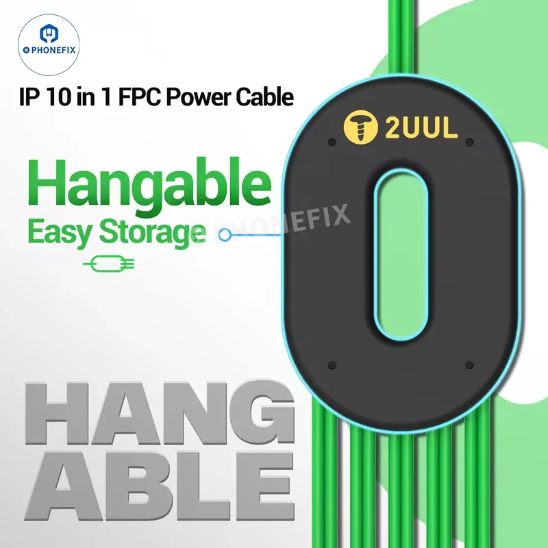 PHONEFIX 2UUL PW10 10-in-1 FPC Power Cable for iPhone 7-17 Pro Max, DC power cable with multiple connector options visible in the image.
