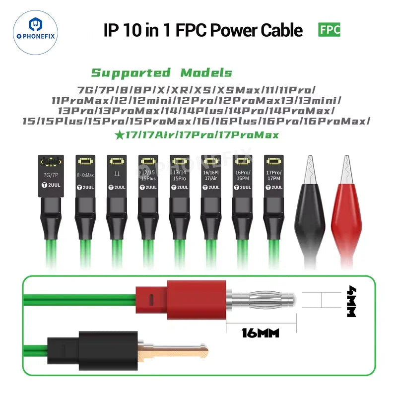 PHONEFIX 2UUL PW10 10-in-1 FPC power cable for iPhone 7 to 17 Pro Max, showing multiple connector types for device charging.