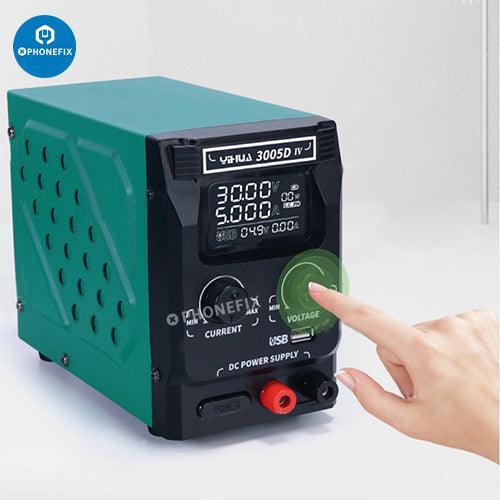 Fuente de alimentación de CC digital ajustable de alta precisión de PHONEFIX, que muestra los mandos de control y la pantalla digital para la visualización del voltaje y la corriente.