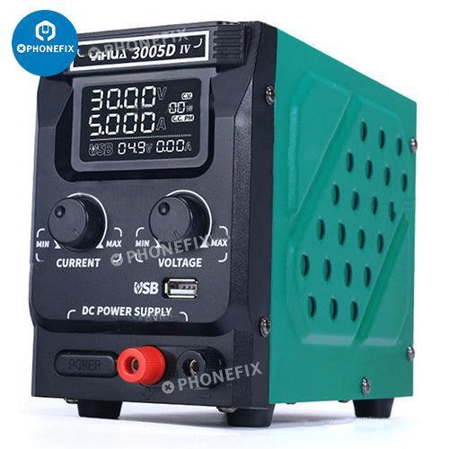 Fuente de alimentación de CC digital ajustable PhoneFix 3005D-IV, vista frontal con perillas de control y pantalla digital de menos de 125 caracteres.