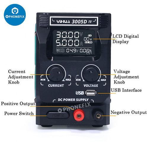 Fuente de alimentación digital de CC ajustable de alta precisión 3005D-IV, 30V 5A, PHONEFIX, que muestra los controles y el panel de visualización.