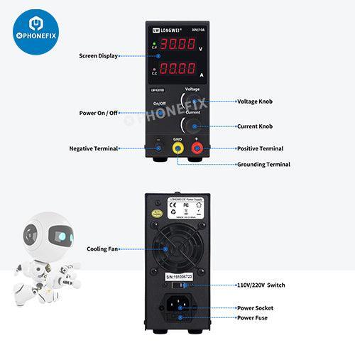 PHONEFIX K3010D variable DC power supply with 30V 10A output, used for cell phone repair and electronic testing.