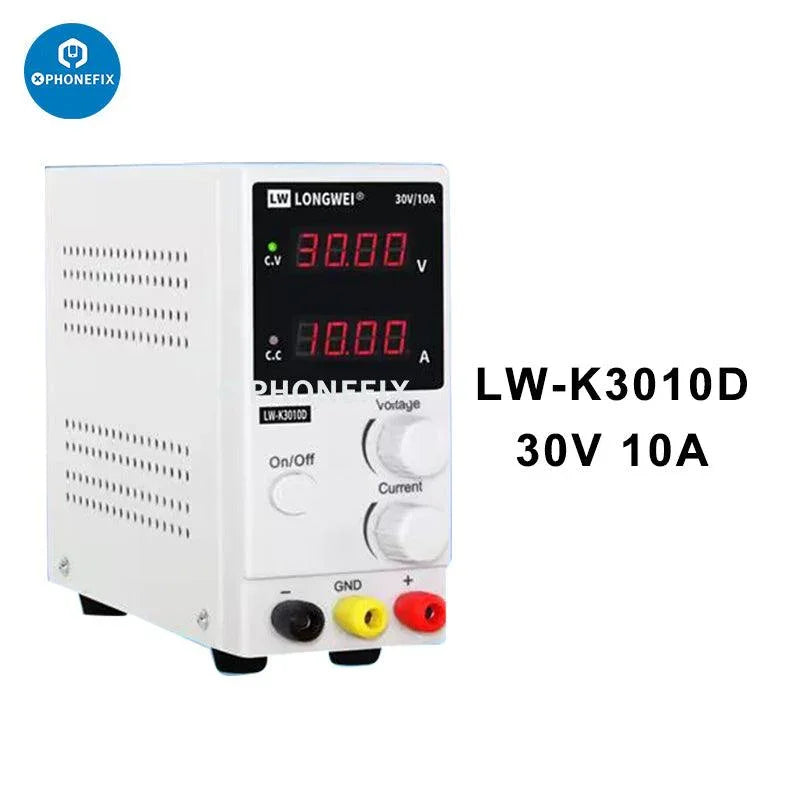 PhoneFix K3010D variable DC power supply showing voltage and current controls, used for cell phone repair testing and charging.