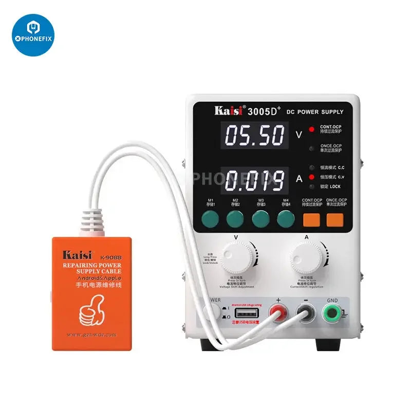 Kaisi 3005D+ 30V 5A digital adjustable CNC DC power supply with digital display and control knobs.