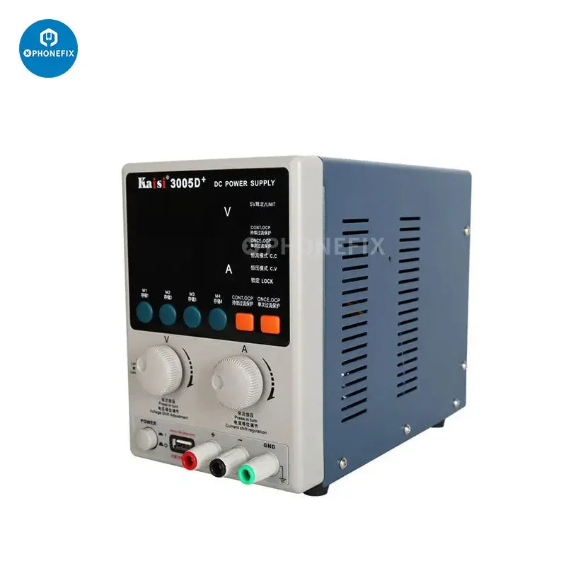 Kaisi 3005D+ 30V 5A digital adjustable CNC DC power supply with control knobs and digital display for precise voltage and current.
