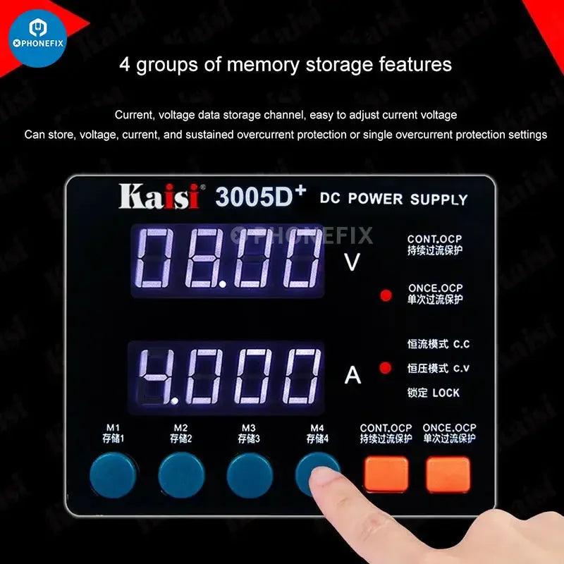 Kaisi 3005D+ 30V 5A digital adjustable CNC DC power supply with digital display and control knobs, used for electronics testing.