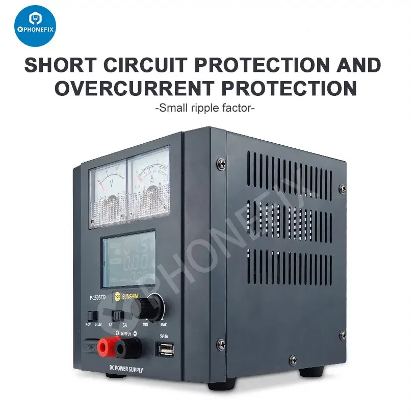 SUNSHINE P-1505TD intelligent DC power supply by PHONEFIX showing front view with digital display and connection ports.