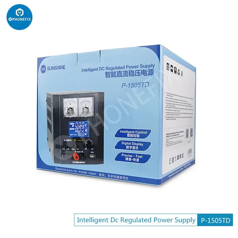 PhoneFix SUNSHINE P-1505TD intelligent DC power supply connected to electronic testing equipment.