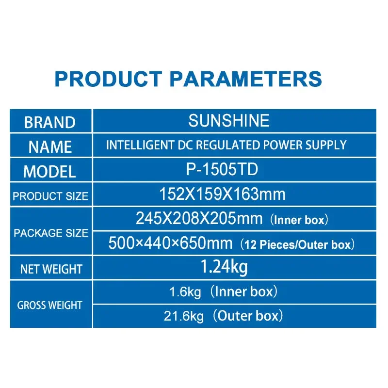 SUNSHINE P-1505TD intelligent DC power supply by PHONEFIX, showing front panel with digital display and power connections.