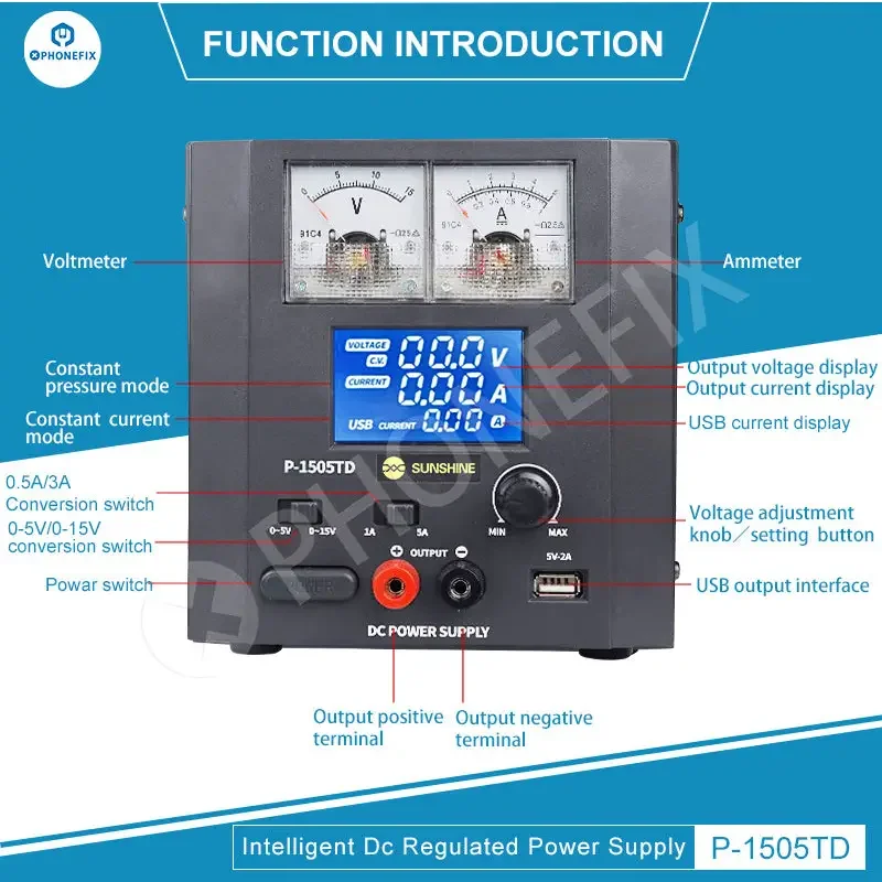 Sunshine P-1505TD intelligent DC power supply by PHONEFIX showing its front panel and multiple output ports.