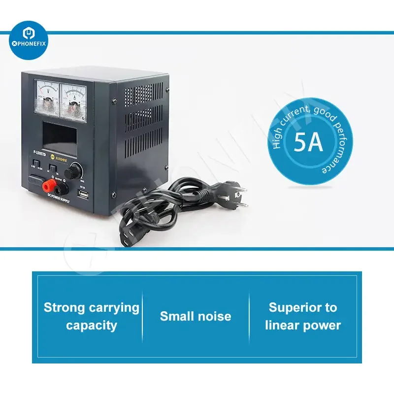 SUNSHINE P-1505TD intelligent DC power supply from PHONEFIX, showing front view with digital display and control buttons.