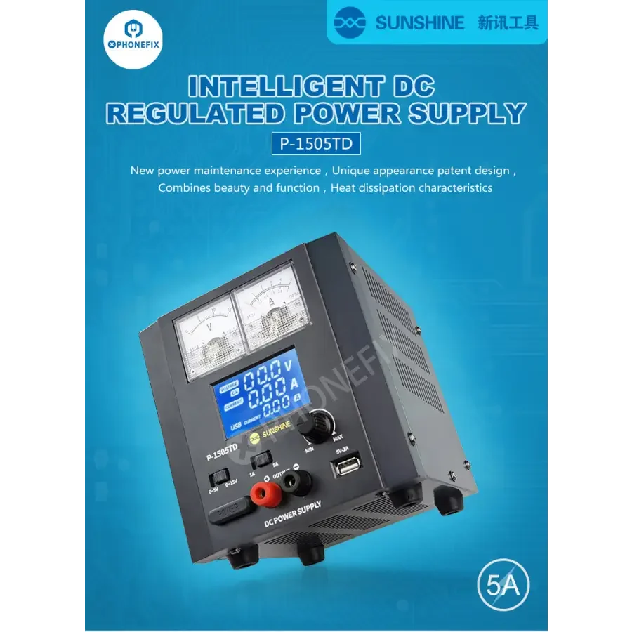 SUNSHINE P-1505TD intelligent DC power supply by PHONEFIX, showing the compact device with control knobs and digital display.