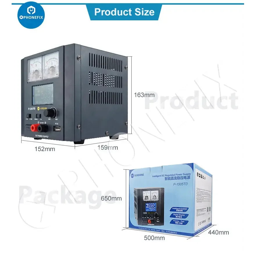 SUNSHINE P-1505TD intelligent DC power supply by PHONEFIX, showing front panel and connection ports in a well-lit setting.