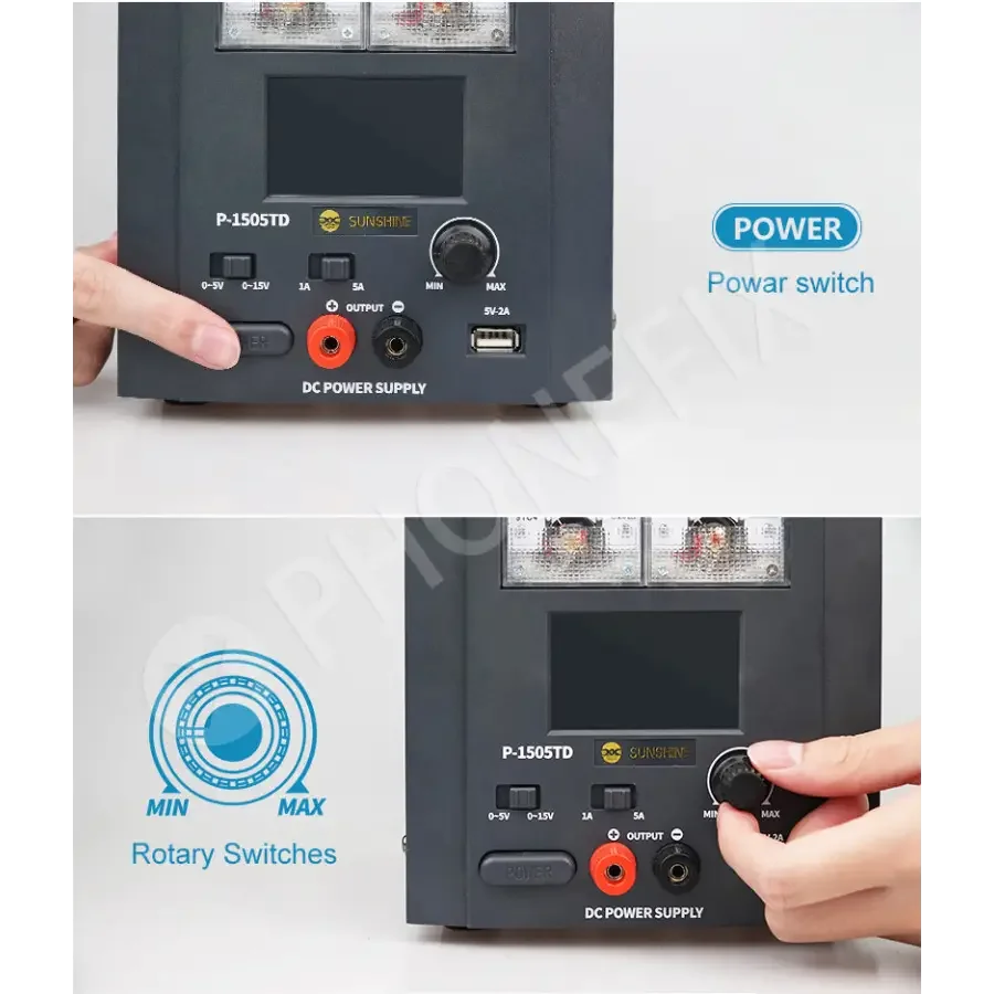 Sunshine P-1505TD intelligent DC power supply by PHONEFIX, showing front panel with digital display and connection ports.