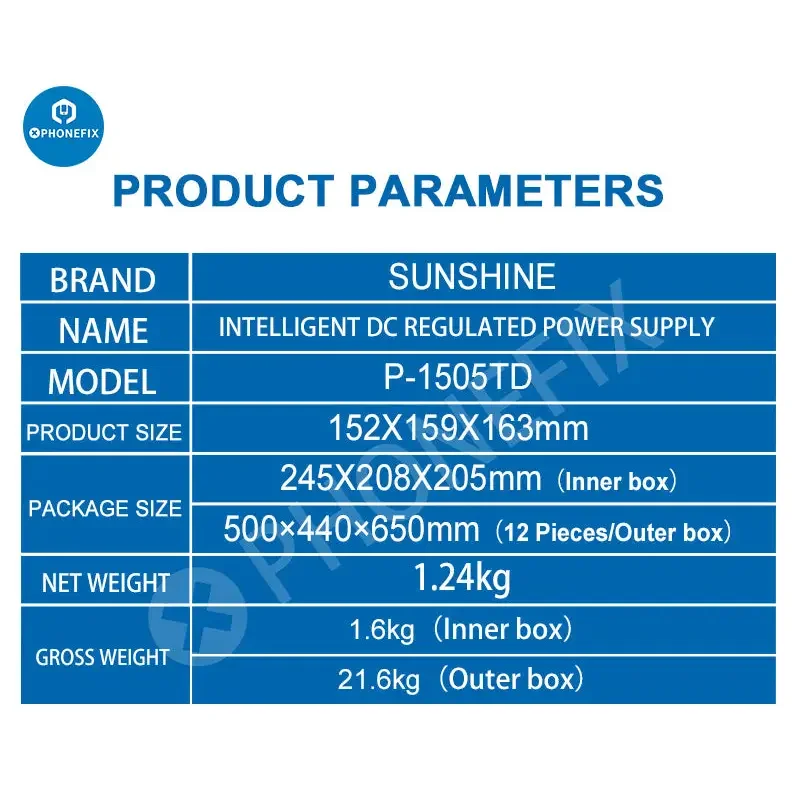 Sunshine P-1505TD intelligent DC power supply by PHONEFIX, showing front panel with digital display and connection ports.