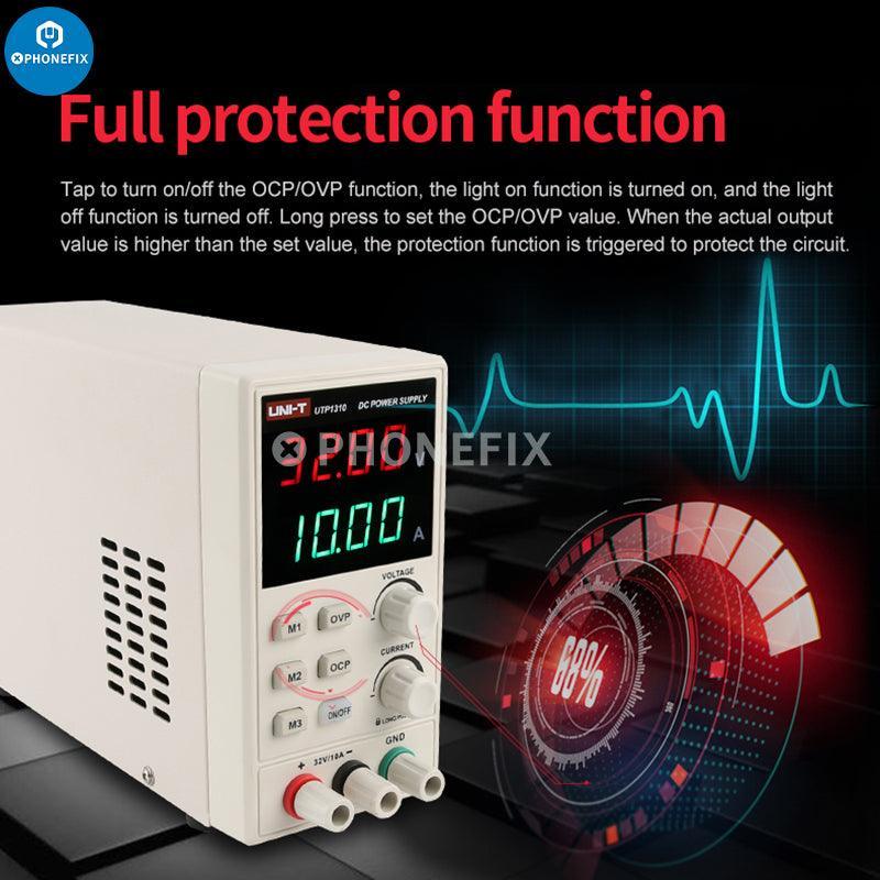 UNI-T UTP1310 32V 10A DC regulated power supply with 4-digit display, shown on a workbench with electronic testing equipment