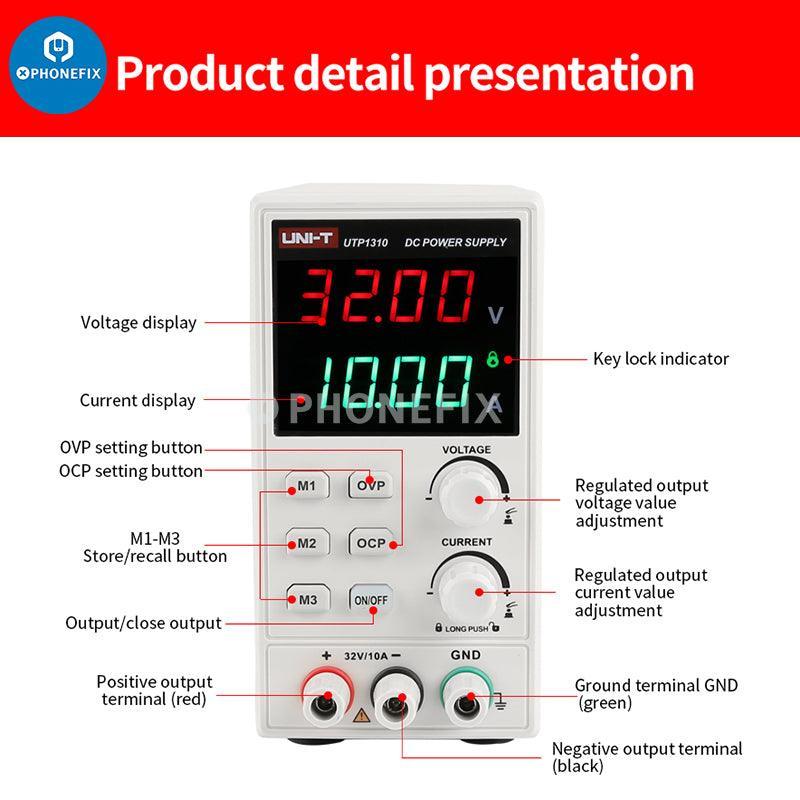 UNI-T UTP1310 DC power supply with 4-digit display, 32V 10A regulated output, used for electronic testing and repair.