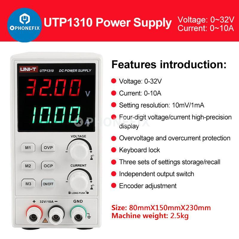UNI-T UTP1310 32V 10A DC regulated power supply with 4-digit display, used for electronic testing and laboratory projects.