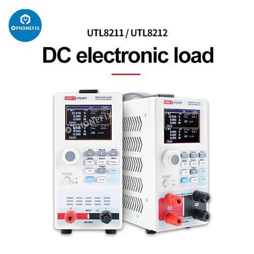 UNI-T DC electronic load power supply for phone battery current testing, used with PHONEFIX brand testing tools.