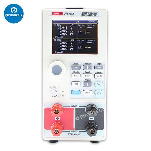 UNI-T DC electronic load power supply for phone batteries, used for current testing and analysis in electronic repair.