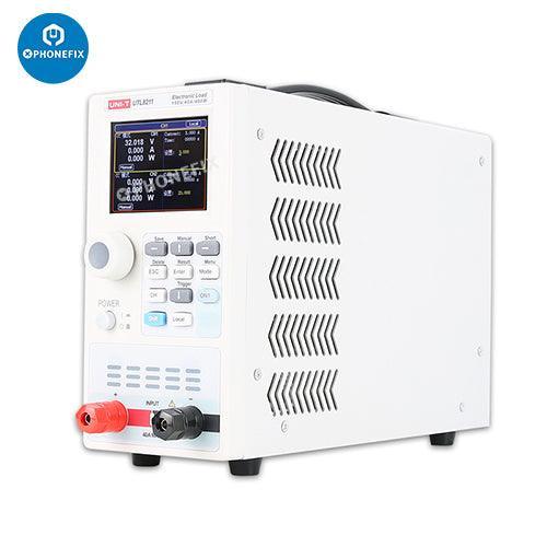 UNI-T DC electronic load power supply used for testing phone battery current, by PHONEFIX, with digital display and testing ports.