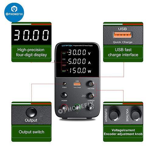 Adjustable PHONEFIX DC Power Supply with 30V/60V output and 5/10A current for precision voltage regulation and testing.
