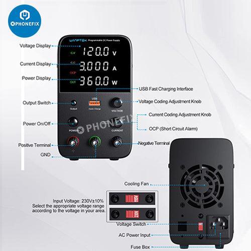 Adjustable PHONEFIX DC power supply with 30V/60V voltage and 5/10A current for electronic testing and repair.